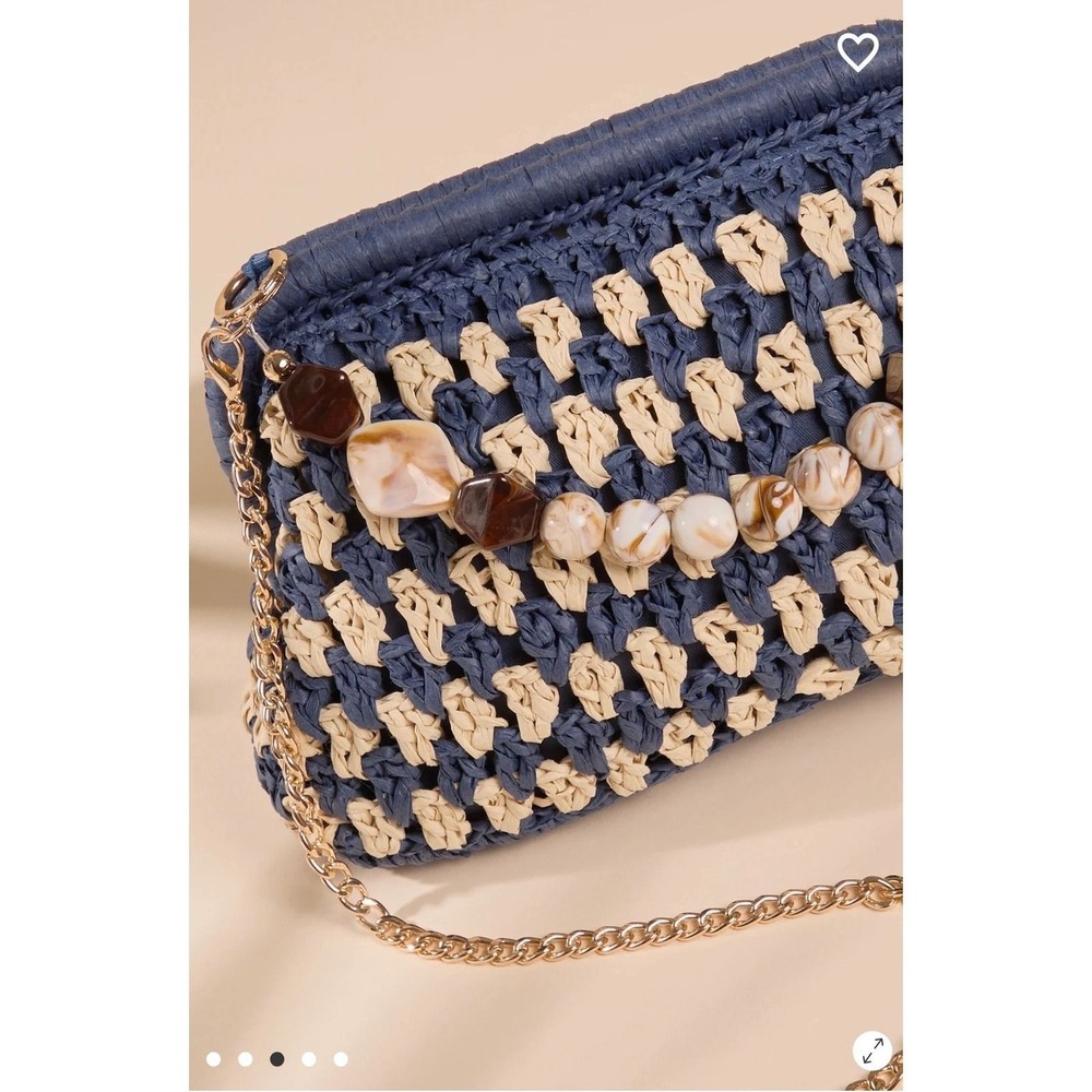 Altar'd State Woven Straw Clutch Navy Blue Cream Beaded Resin Handle Handbag - Picture 3 of 9